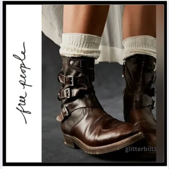 Free People "We The Free" Leather Buckle Boots Chicory Coffee EU 39.5 - US 9.5 - Picture 1 of 14